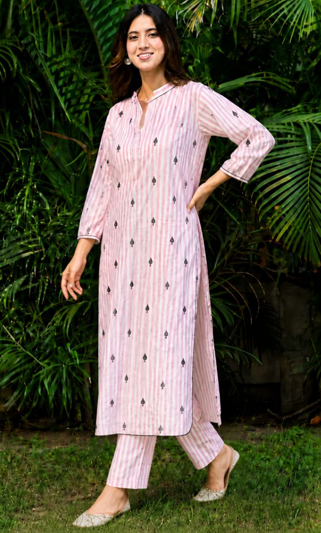 Striped Pikes Spades Cotton Kurta Set