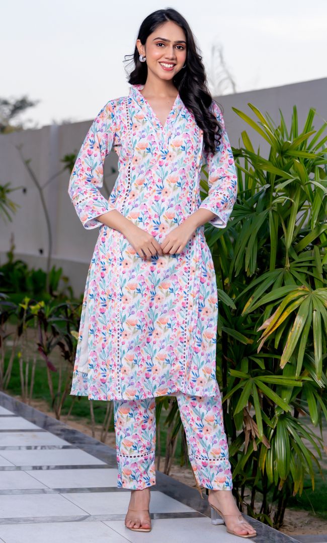 Pastel Floral Pintucks Kurta Set