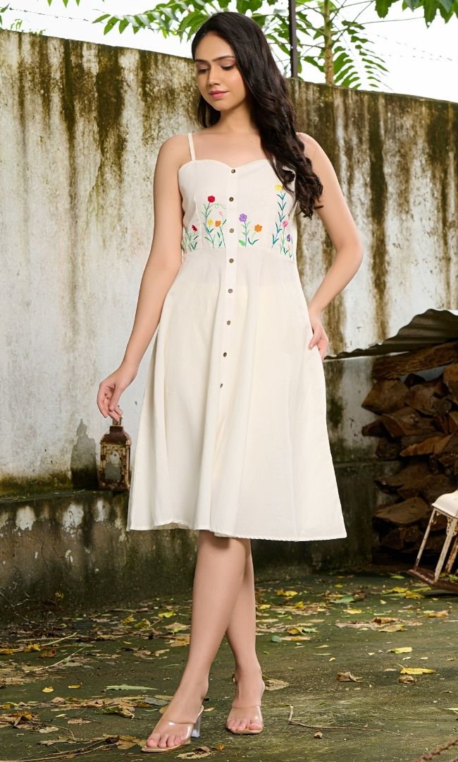 Off White Embroidered Linen Dress
