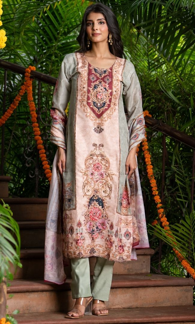 Neo Green Mirror Work Suit Set