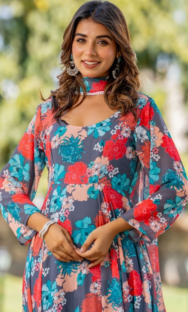 Tiara Grey Floral Anarkali Set