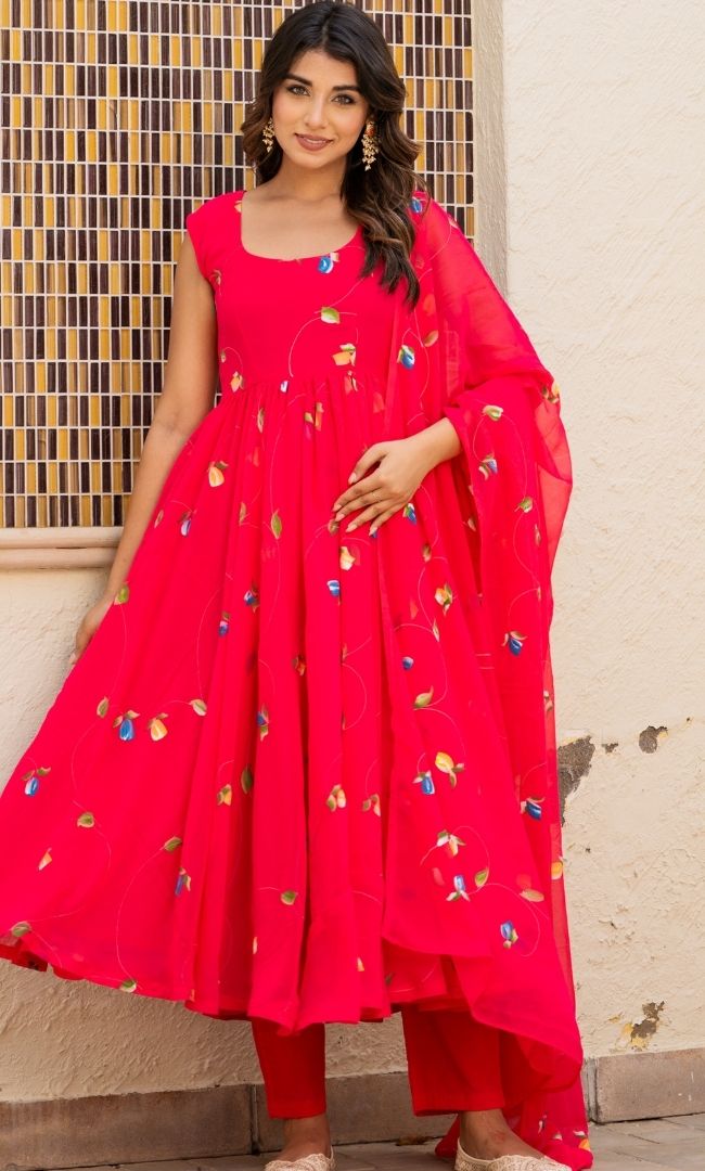 Rani Pink Handpainted Anarkali Set