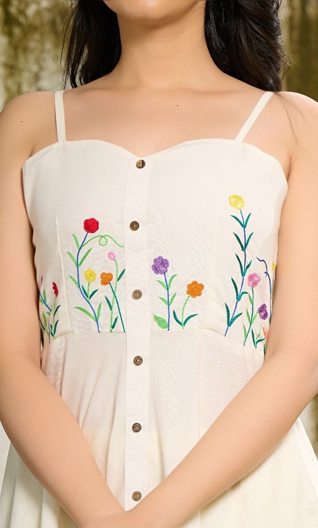 Off White Embroidered Linen Dress