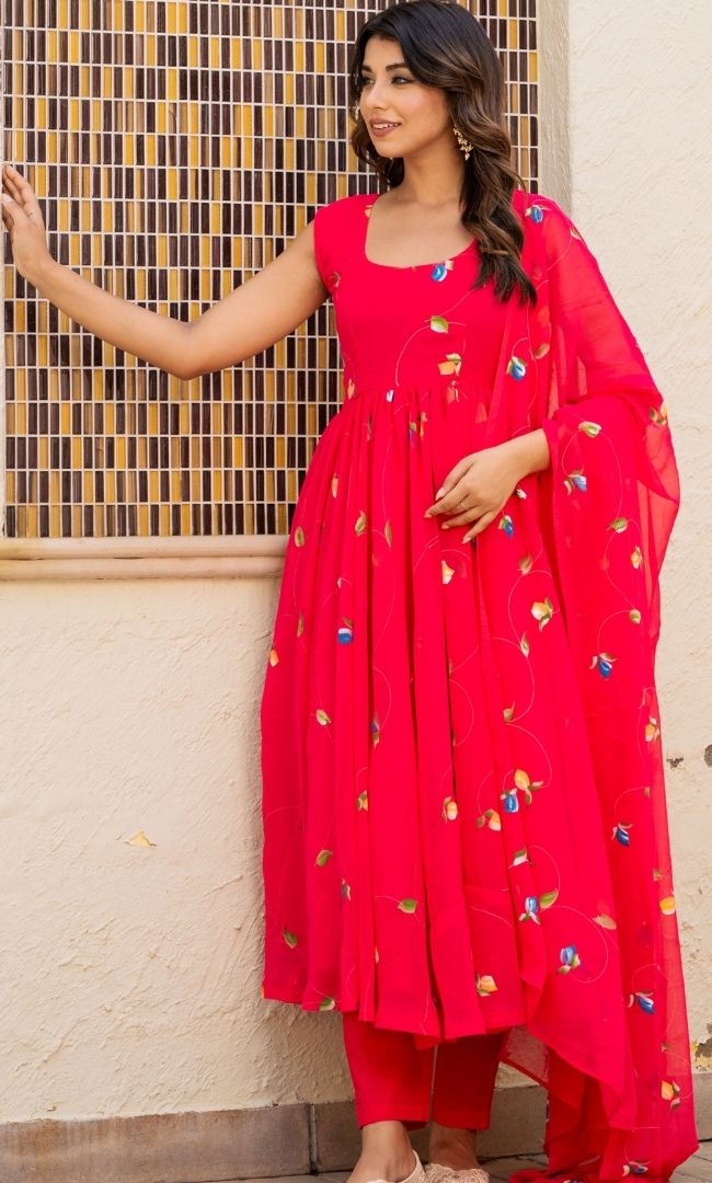Rani Pink Handpainted Anarkali Set