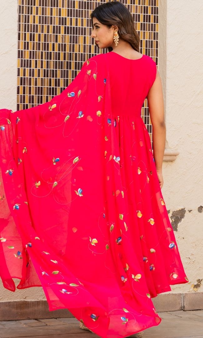 Rani Pink Handpainted Anarkali Set