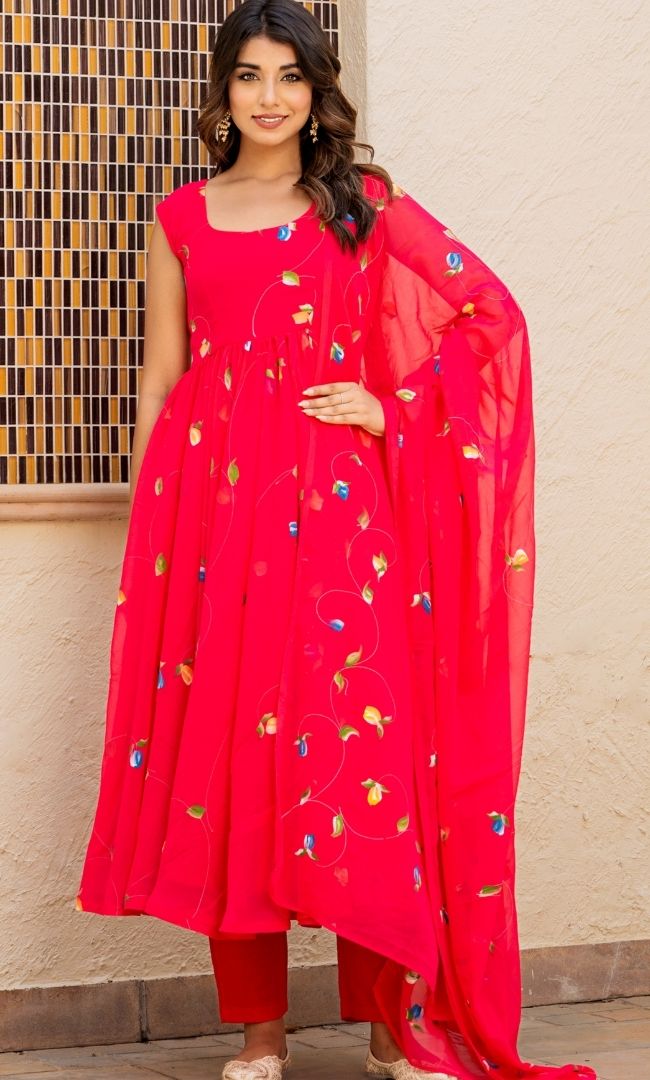 Rani Pink Handpainted Anarkali Set