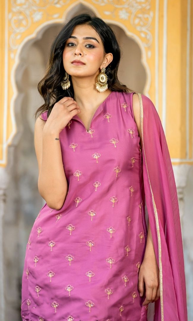 Mulberry Pink Satin Suit Set