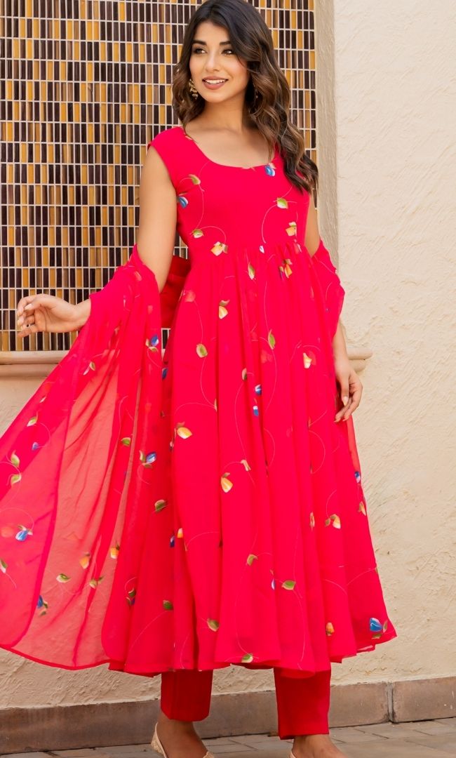 Rani Pink Handpainted Anarkali Set