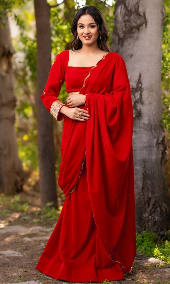 Buy Beautiful Red Velvet Saree with Blouse piece Online In India At  Discounted Prices