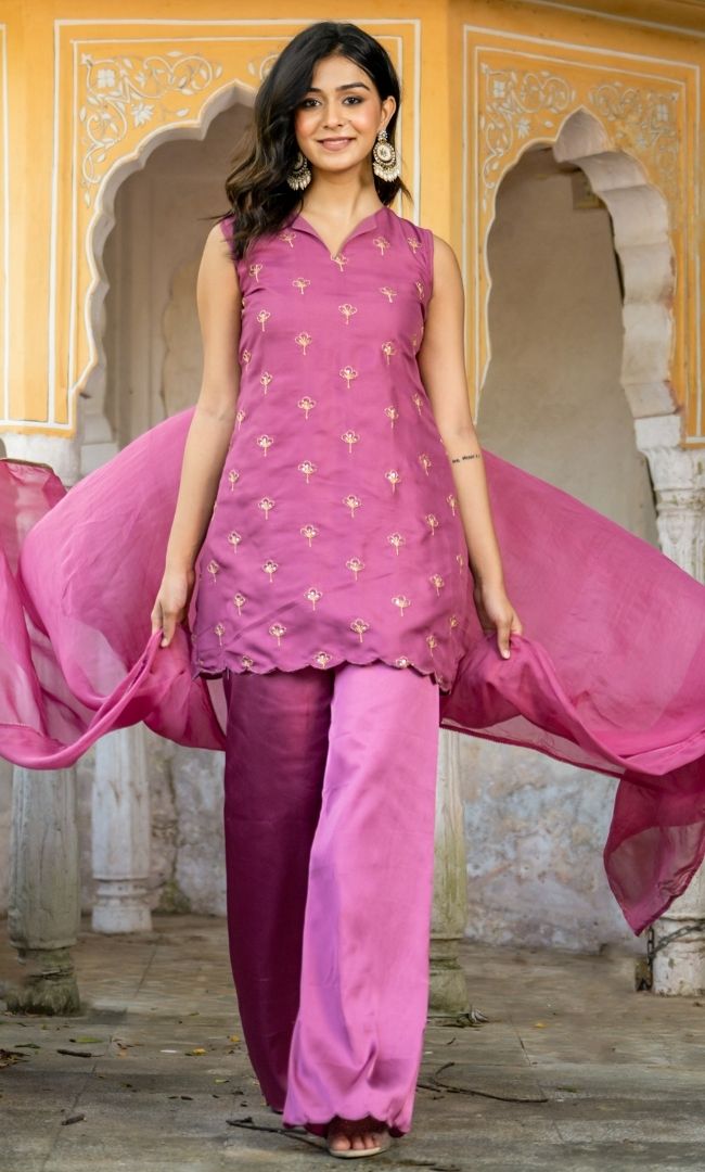 Mulberry Pink Satin Suit Set
