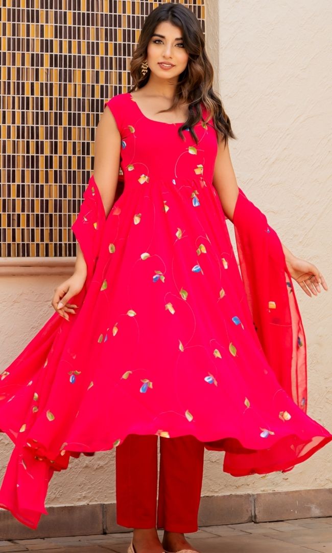 Rani Pink Handpainted Anarkali Set