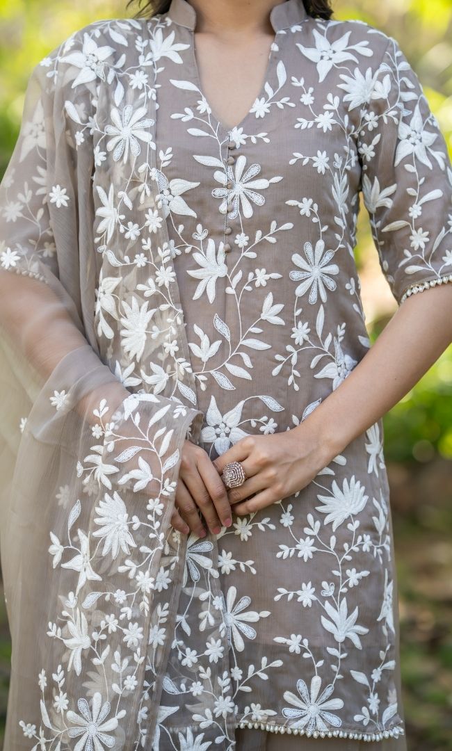 Taupe Beige Embroidered Suit Set