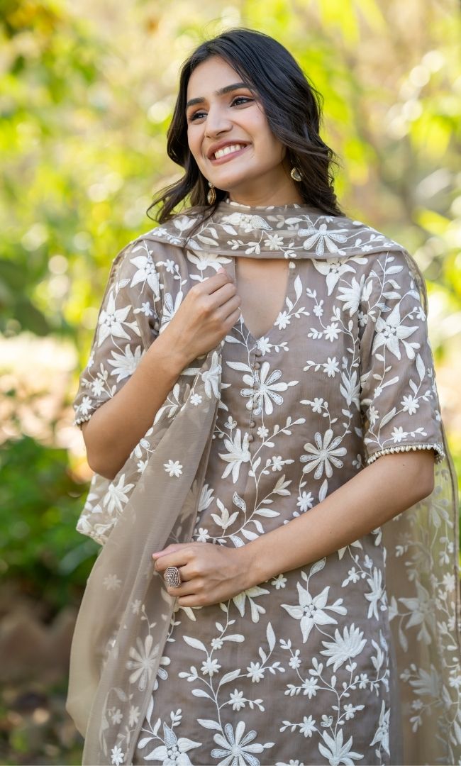 Taupe Beige Embroidered Suit Set