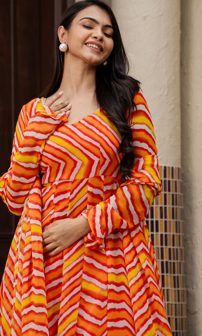 Leheriya Orange Anarkali Set