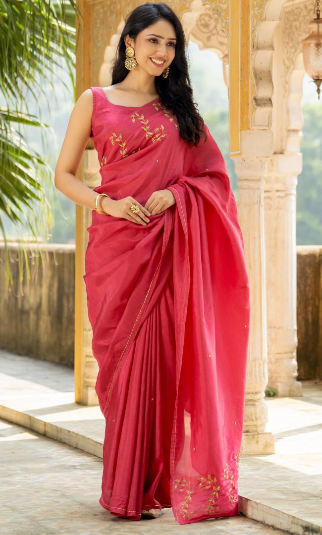 Brilliant rose aari work saree