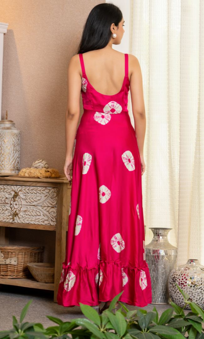 Fuchsia Fan- Print Ruffle Maxi Dress