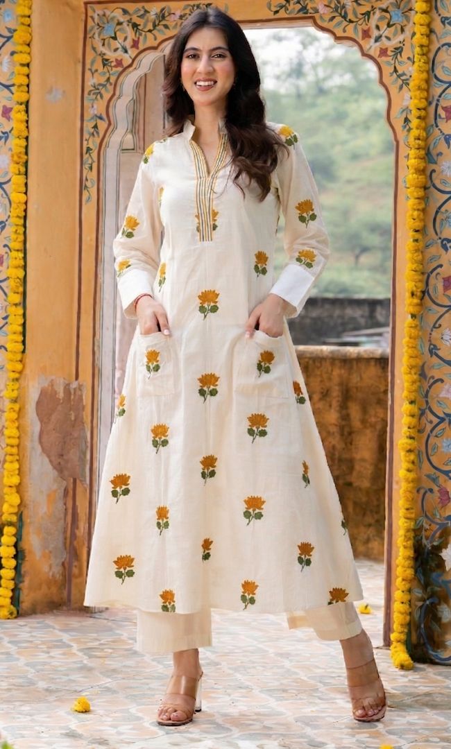 Seoul Mustard Lotus Kurta Co ord Set