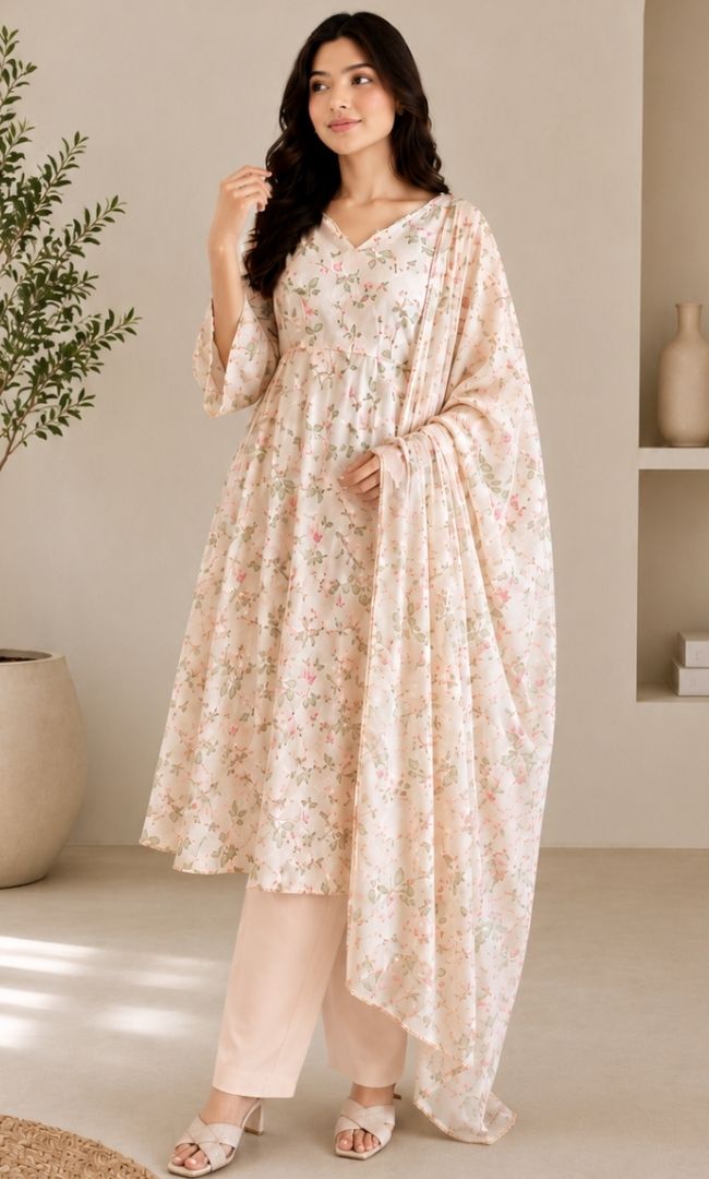 Soft Beige Floral Organza Anarkali Set