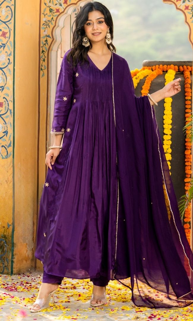 Deep Purple Embroidered Suit Set