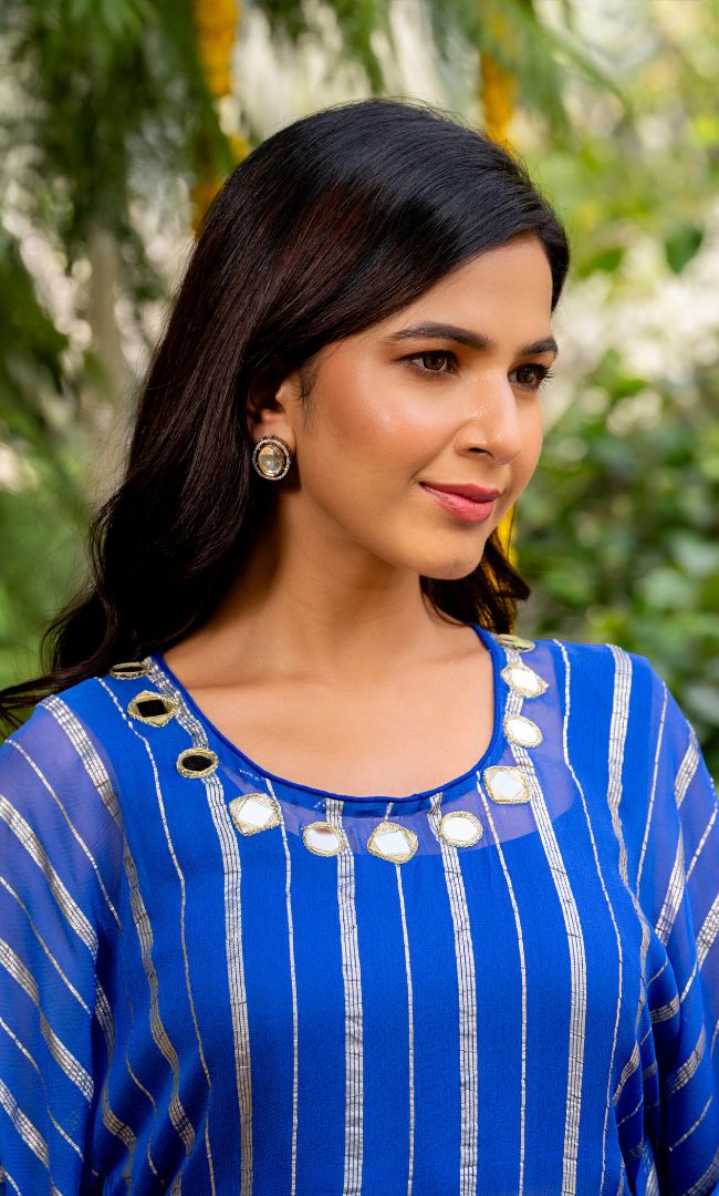 Teal Blue Mirror Work Kaftan Set
