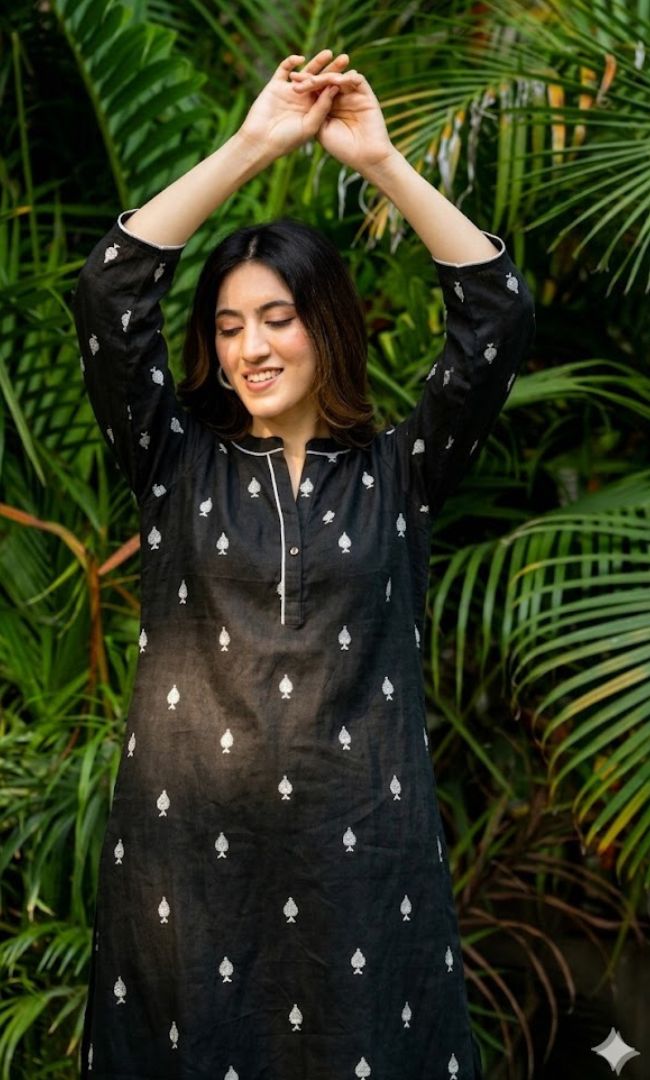 Black Pikes Spades Cotton Kurta Set