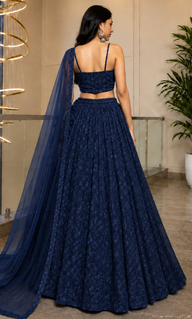 Midnight Blue Jaal Embroidery Lehenga Set