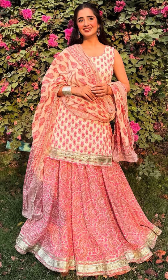 Pink Block Print Kurta Skirt