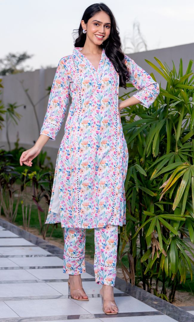 Pastel Floral Pintucks Kurta Set
