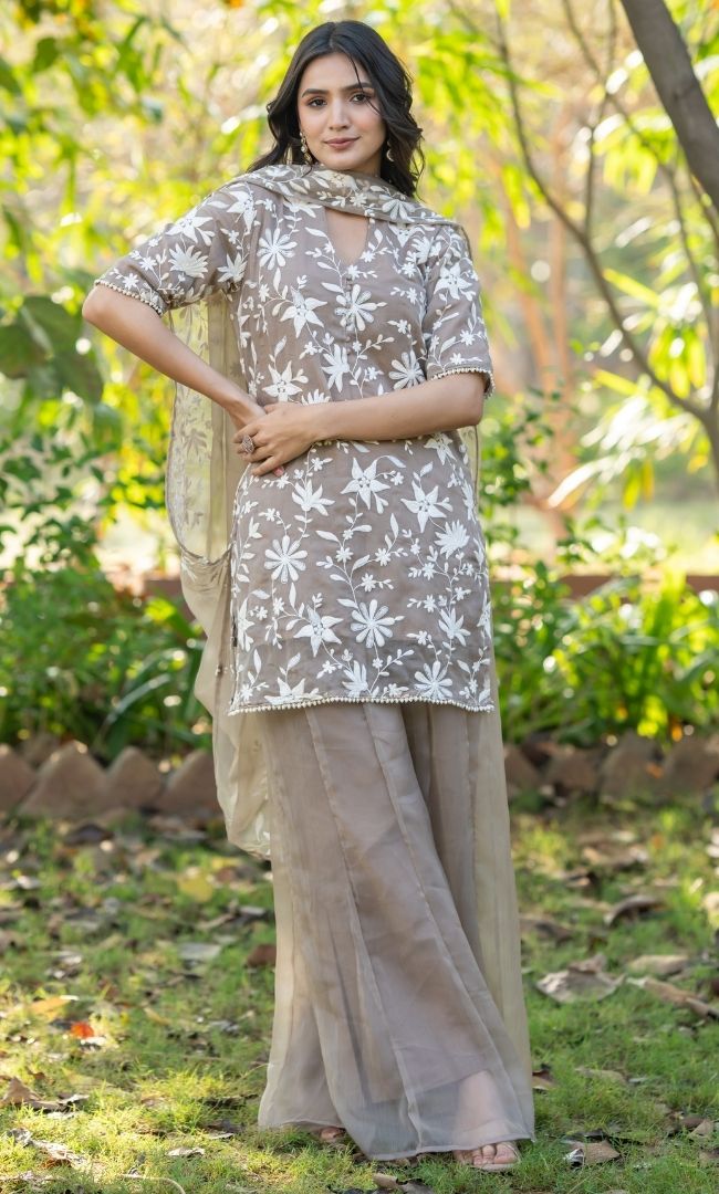 Taupe Beige Embroidered Suit Set