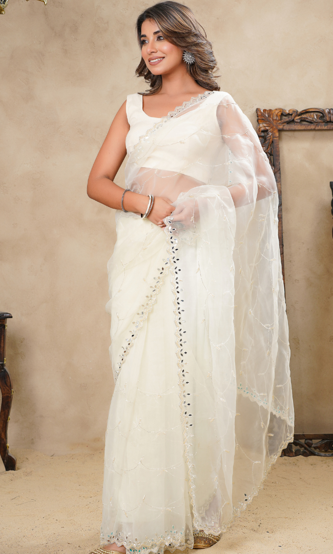 Beige Zigzag Border Cutdana Work With Leafy Mirror And Scalup Saree