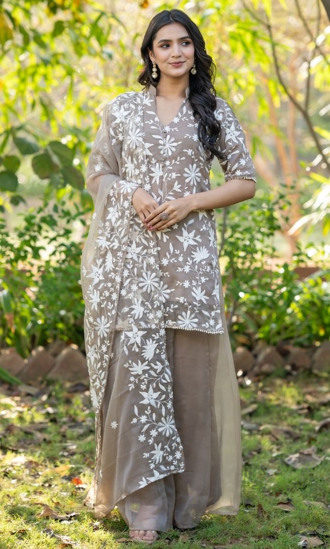 Taupe Beige Embroidered Suit Set