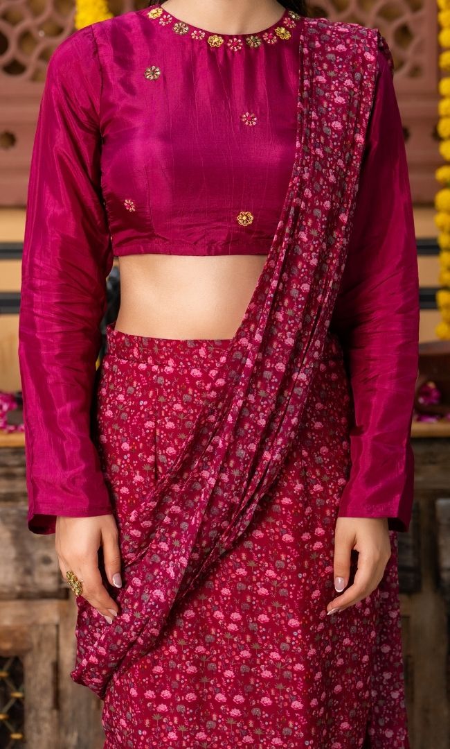 Utsava Wine Pre Draped Saree