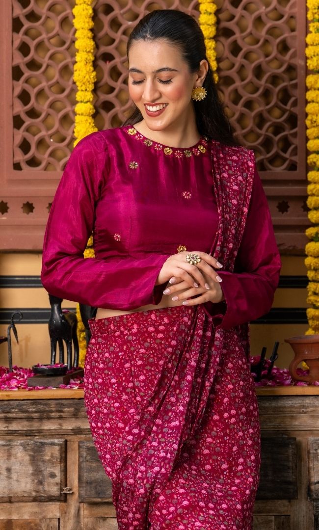 Utsava Wine Pre Draped Saree
