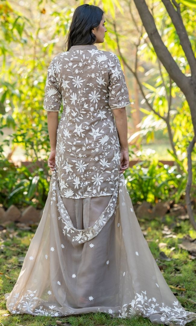 Taupe Beige Embroidered Suit Set