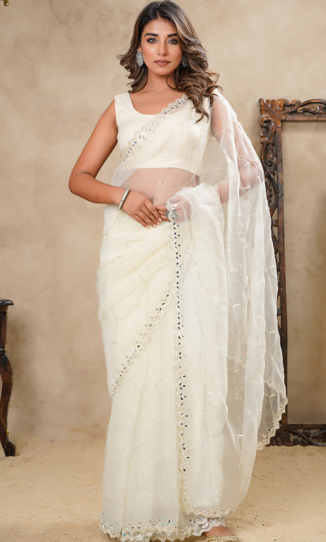 Beige Zigzag Border Cutdana Work With Leafy Mirror And Scalup Saree