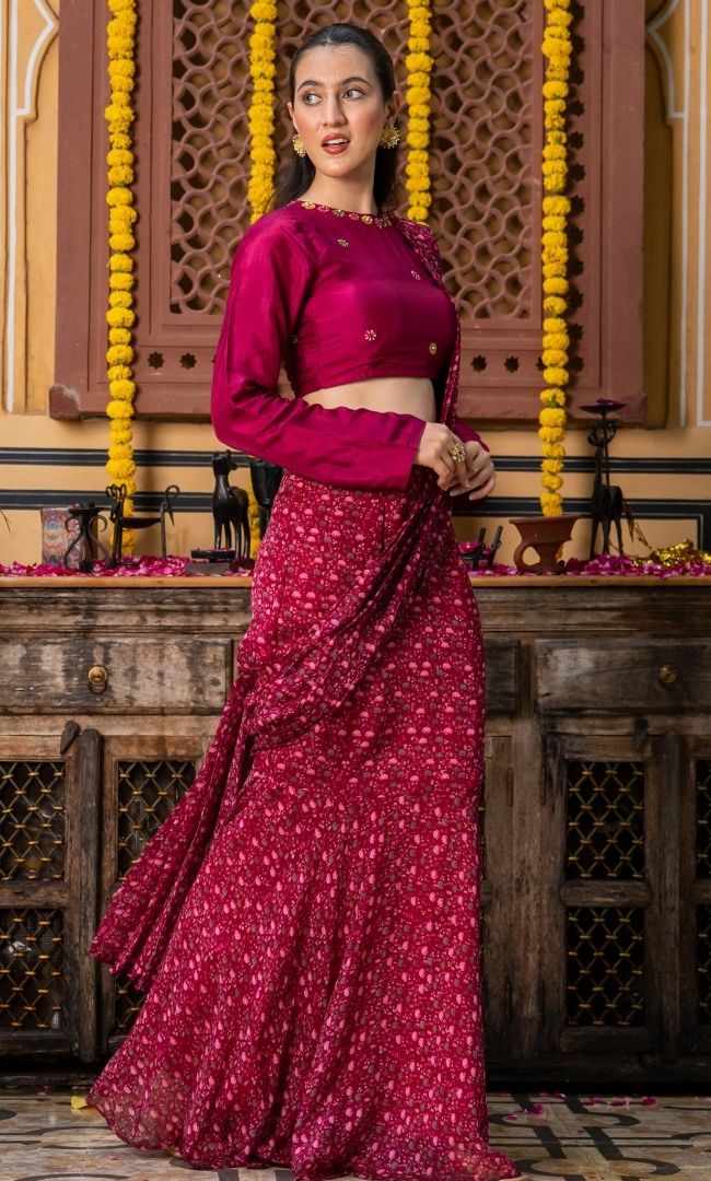 Utsava Wine Pre Draped Saree