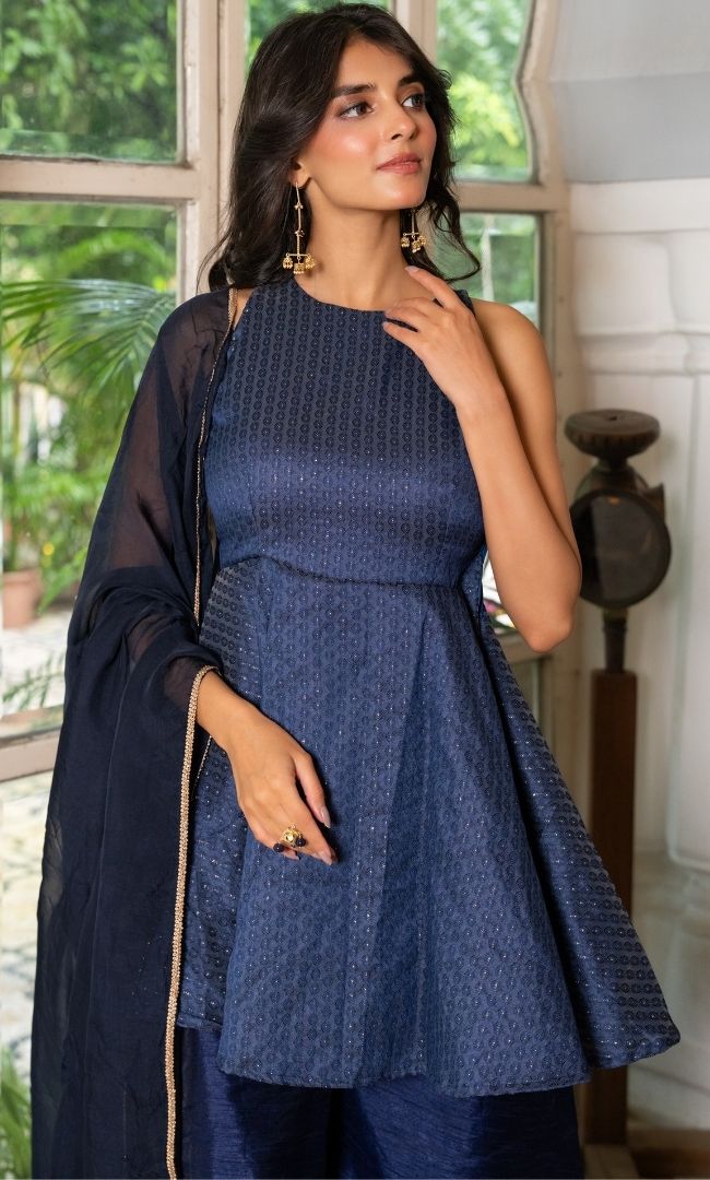 Lisa Blue Brocade Suit Set