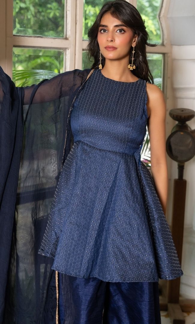 Lisa Blue Brocade Suit Set