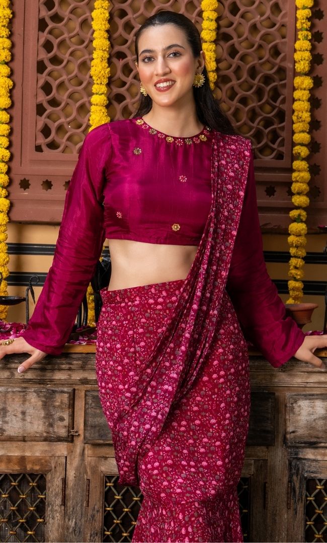 Utsava Wine Pre Draped Saree