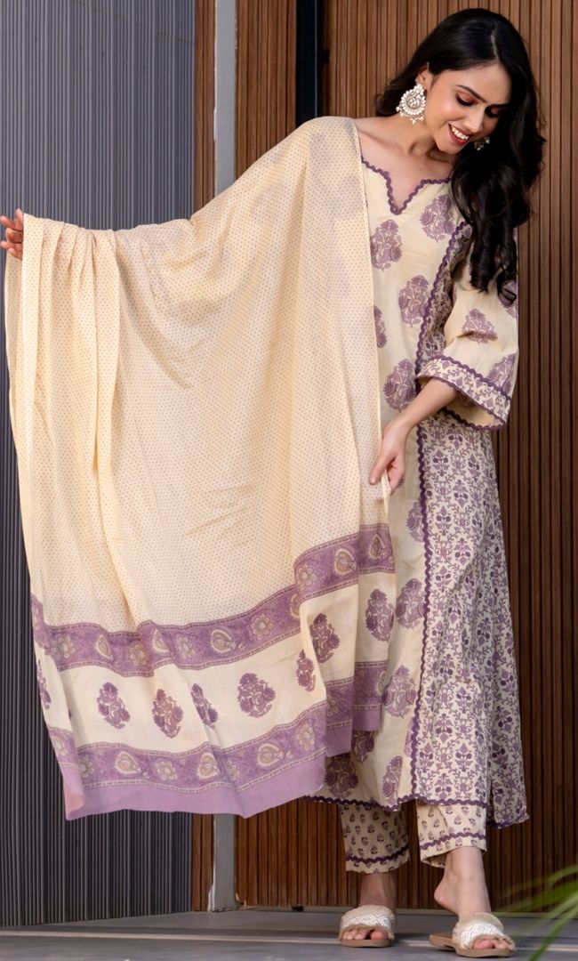 Hazelnut Cotton Block Print Suit Set