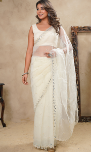 Beige Zigzag Border Cutdana Work With Leafy Mirror And Scalup Saree