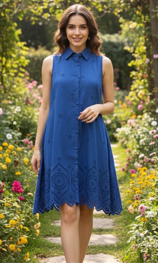 Cyan Schiffli Shirt Dress