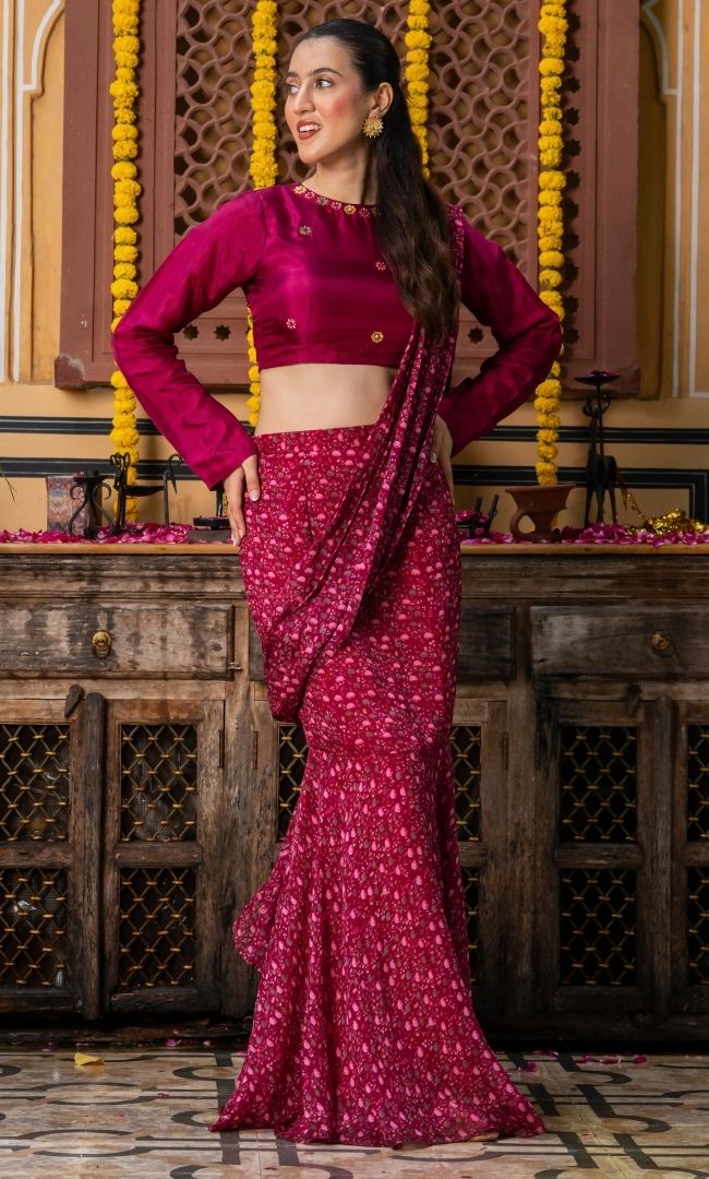 Utsava Wine Pre Draped Saree