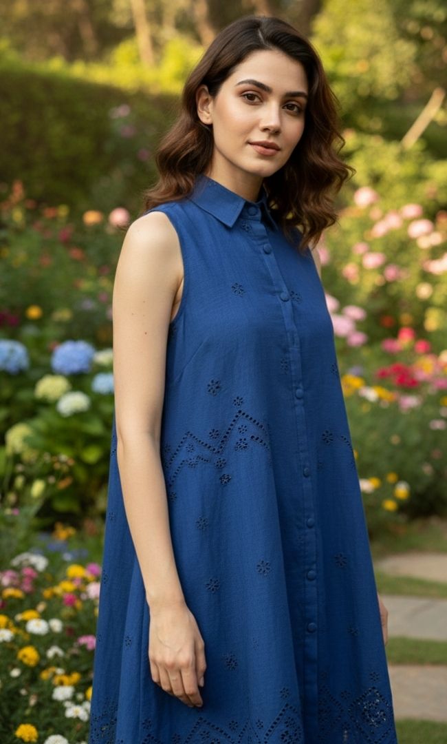 Cyan Schiffli Shirt Dress