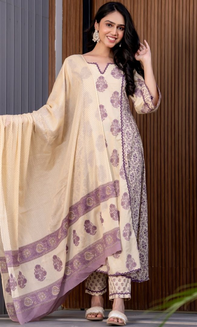Hazelnut Cotton Block Print Suit Set