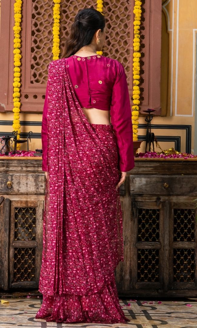 Utsava Wine Pre Draped Saree