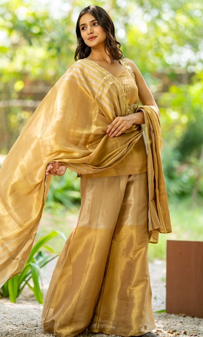Elara Golden Tissue Sharara Set