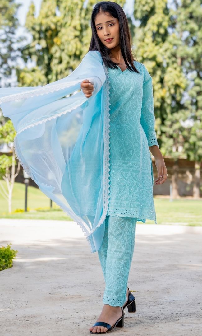 Ice Blue Chikankari Kurta Pant  Set