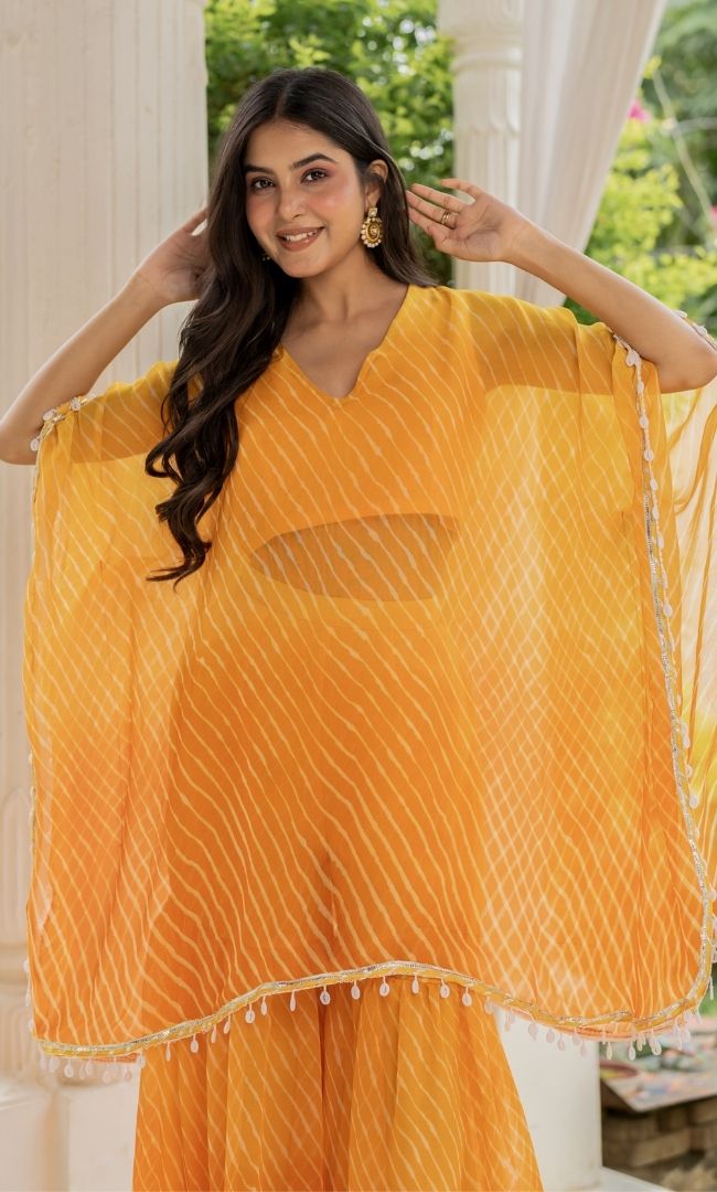 Ziya Yellow Leheriya Kaftan Set