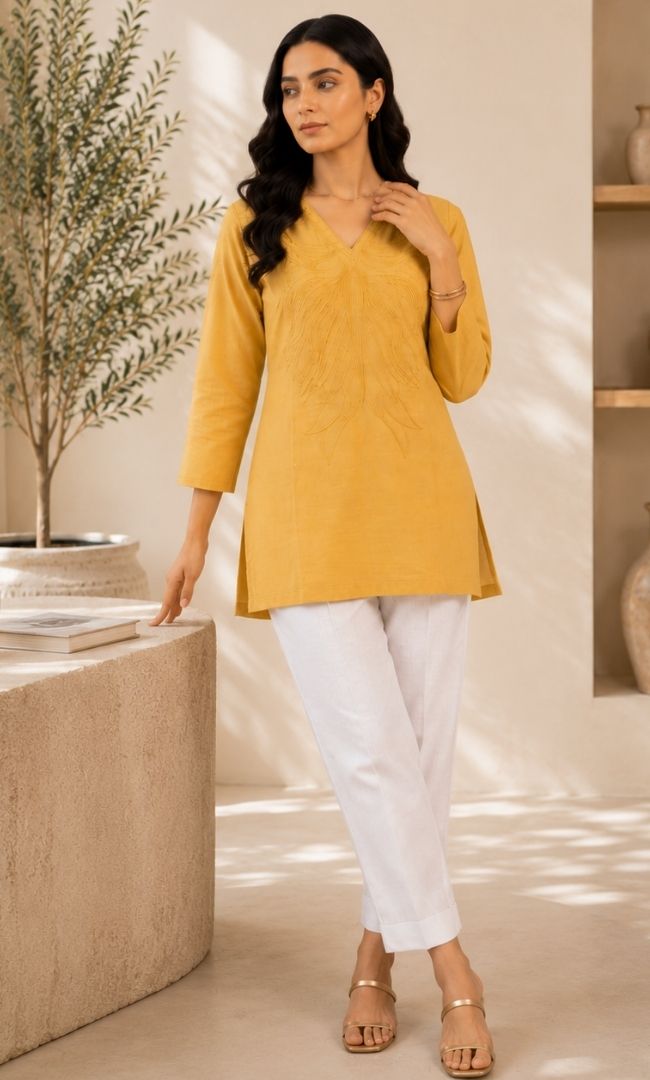 Avira Yellow Embroidered Kurti